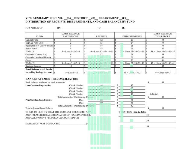 VFW Auxiliary Post Distribution Of Receipts, Disbursements, And Cash Balance By Fund screenshot
