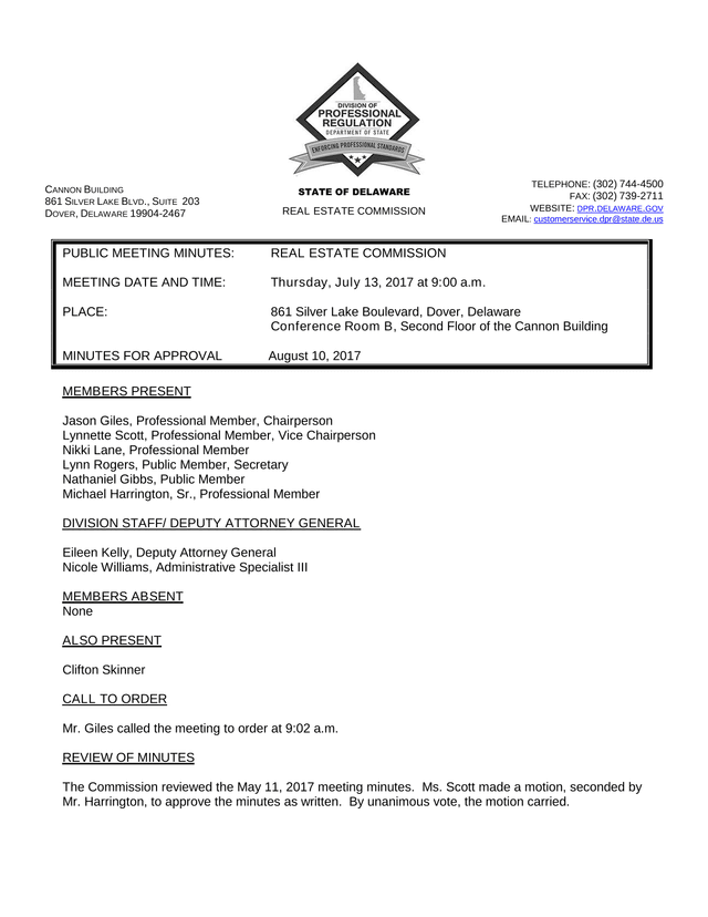 PUBLIC MEETING MINUTES REAL ESTATE COMMISSION screenshot