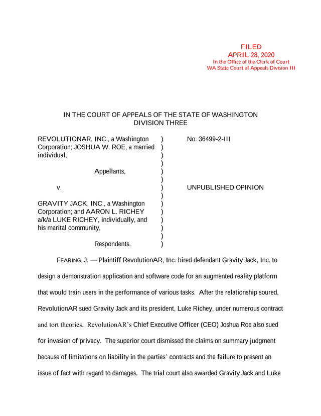 Court Of Appeals Opinion RevolutionAR, Inc. V. Gravity Jack, Inc. screenshot