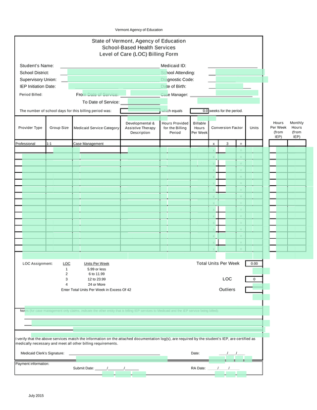 Level Of Care (LOC) Billing Form screenshot
