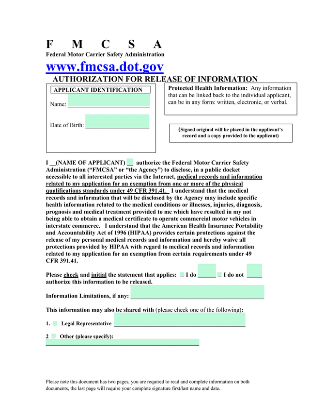 Authorization For Release Of Information screenshot