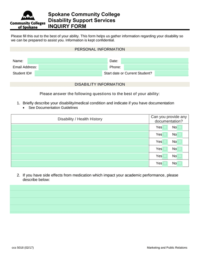 Disability Support Services Inquiry Form screenshot