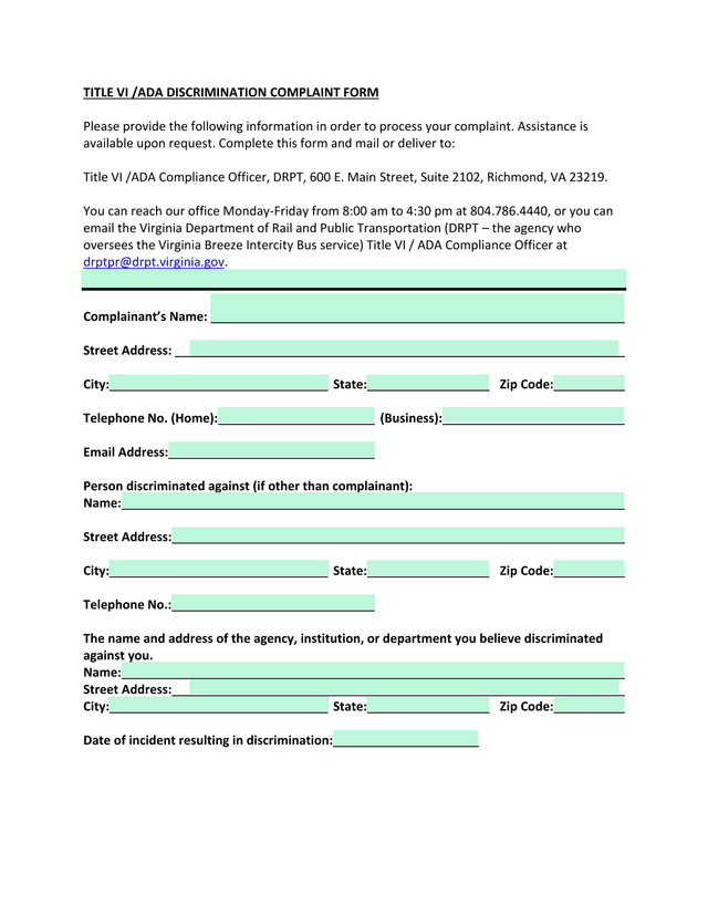 Title VI ADA Discrimination Complaint Form screenshot