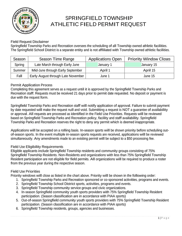 SPRINGFIELD TOWNSHIP ATHLETIC FIELD PERMIT REQUEST screenshot