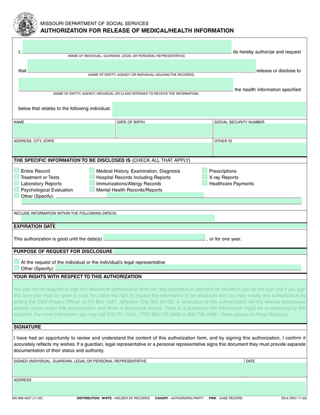 Authorization For Release Of MedicalHealth Information screenshot