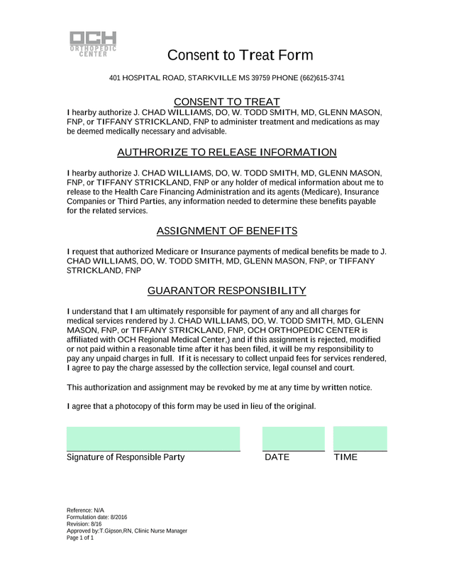 Consent To Treat Form screenshot