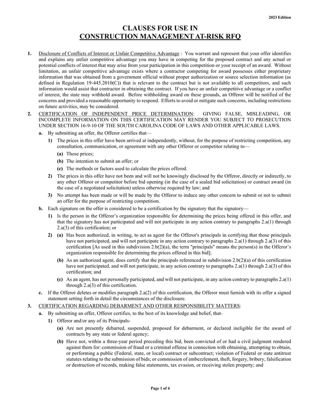 Clauses For Use In Construction Management At Risk RFQ screenshot