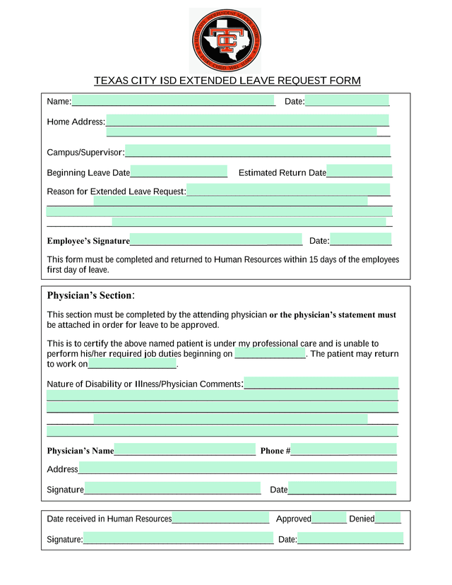 Texas City ISD Extended Leave Request Form screenshot