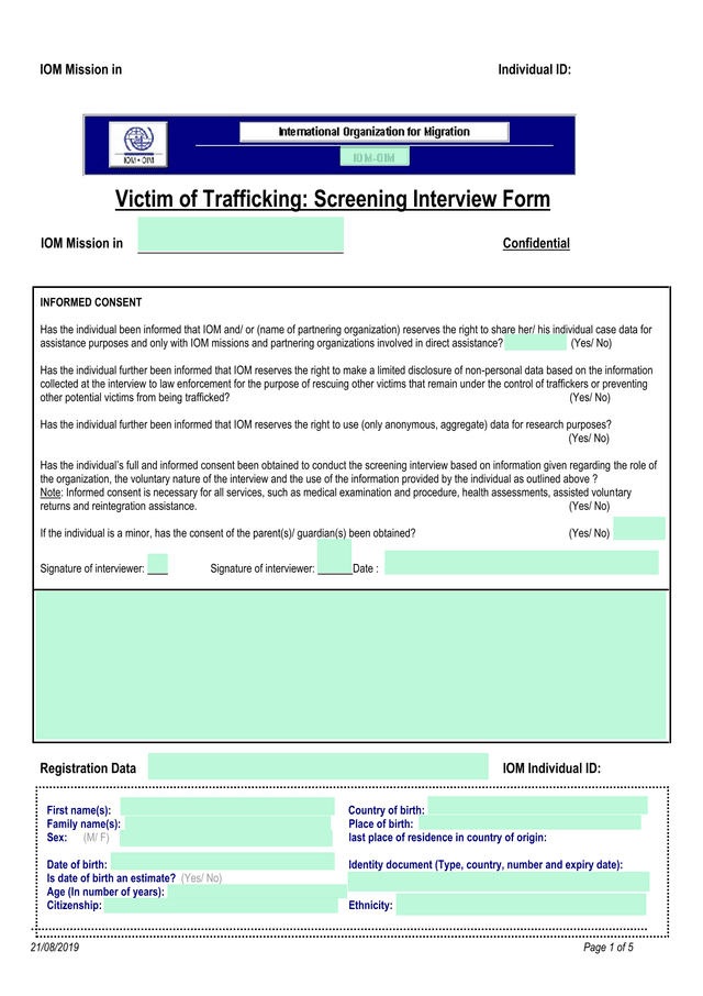 Victim Of Trafficking Screening Interview Form screenshot
