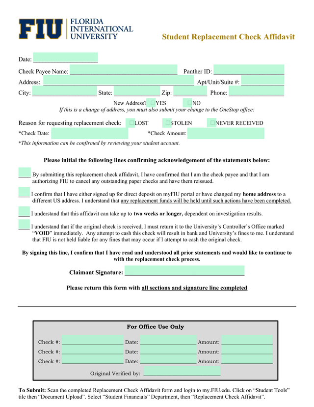 Student Replacement Check Affidavit screenshot