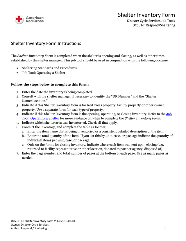 Shelter Inventory Form screenshot