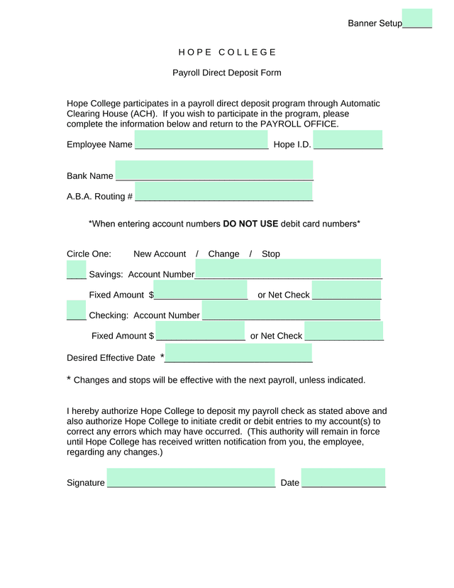 Payroll Direct Deposit Form screenshot