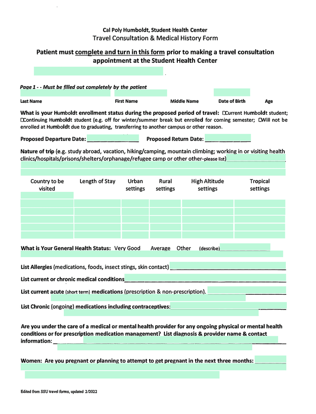 Travel Consultation  Medical History Form screenshot
