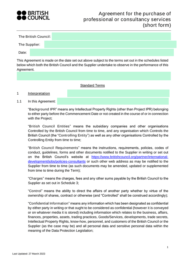 Agreement For The Purchase Of Professional Or Consultancy Services (Short Form) screenshot