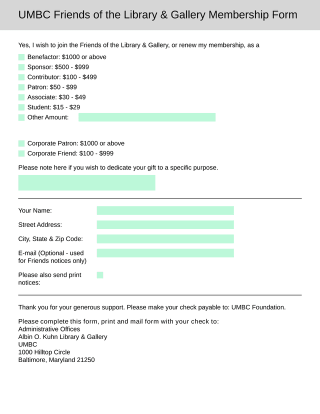 UMBC Friends Of The Library  Gallery Membership Form screenshot