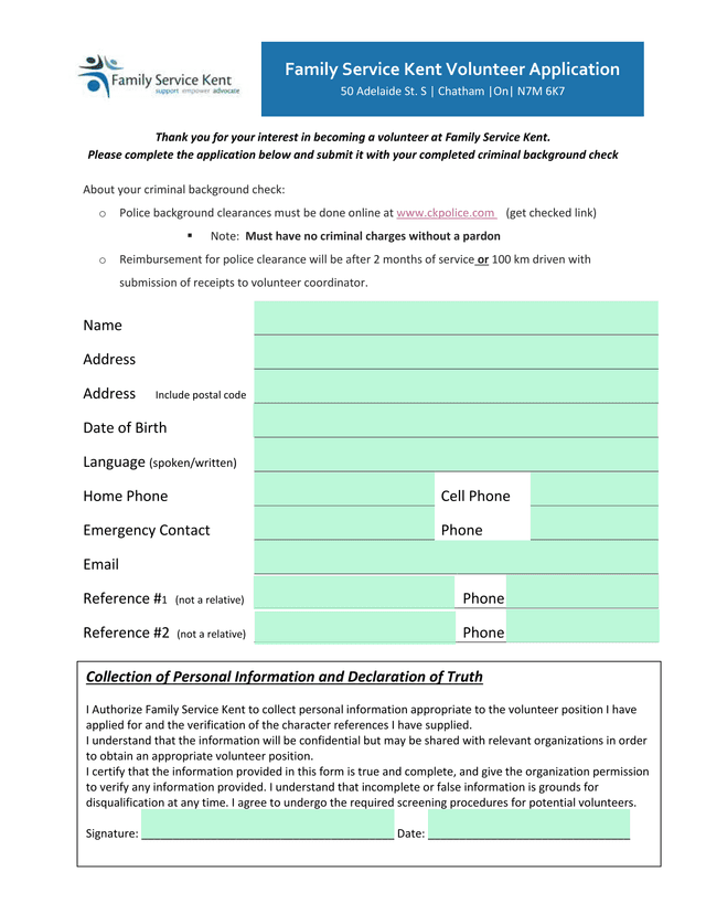 Family Service Kent Volunteer Application screenshot