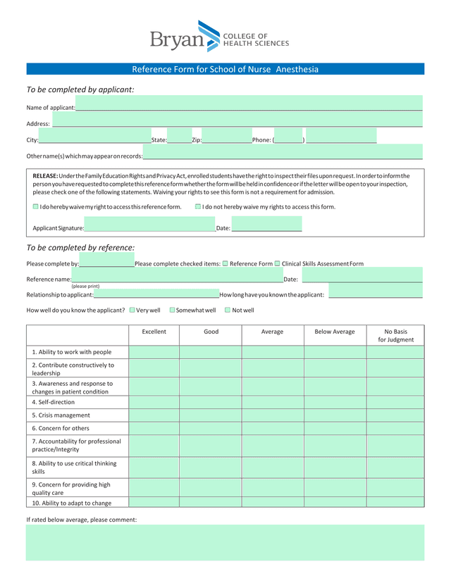Reference Form For School Of Nurse Anesthesia screenshot