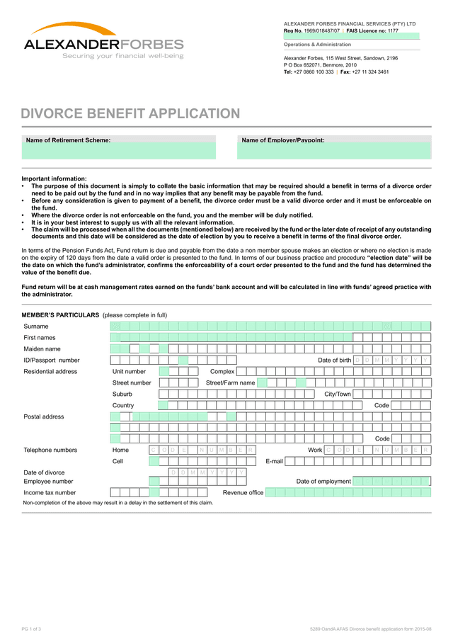 DIVORCE BENEFIT APPLICATION screenshot