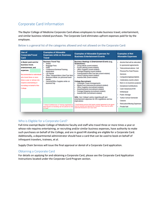 Corporate Card Information screenshot
