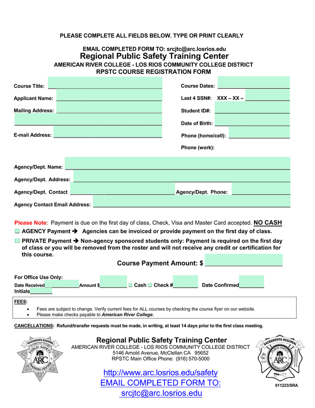 RPSTC Course Registration Form screenshot