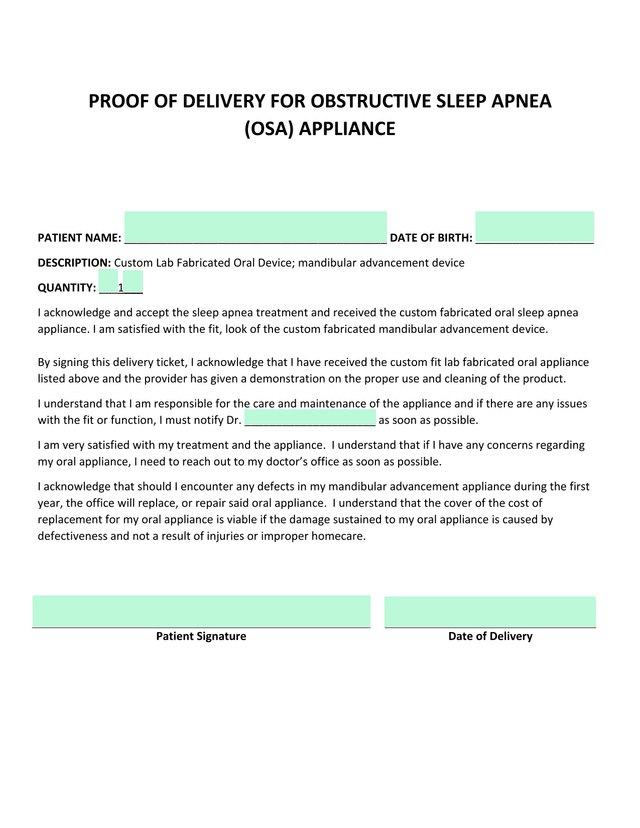 Proof Of Delivery For Obstructive Sleep Apnea (OSA) Appliance screenshot