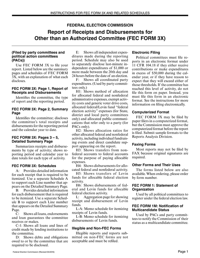 FEC Form 3X Instructions screenshot