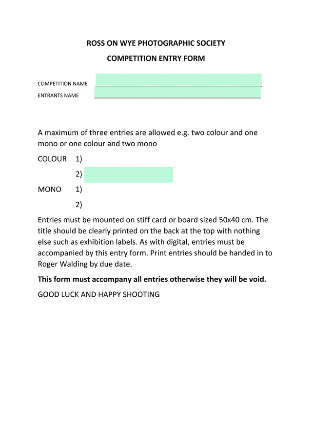 Ross On Wye Photographic Society Competition Entry Form screenshot