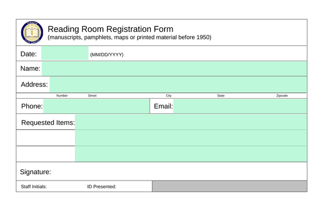 Reading Room Registration Form screenshot