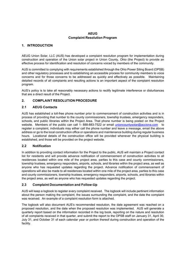 AEUG Complaint Resolution Program screenshot