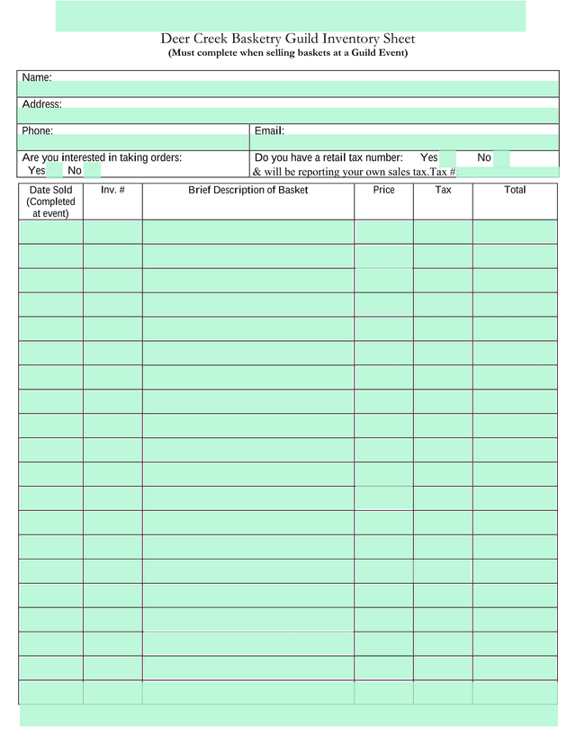 Deer Creek Basketry Guild Inventory Sheet screenshot