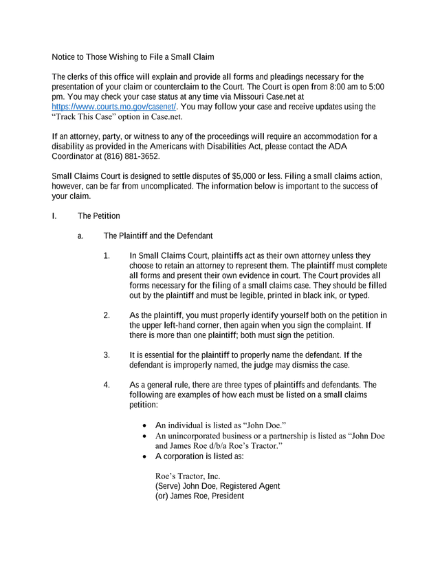 Notice To Those Wishing To File A Small Claim screenshot