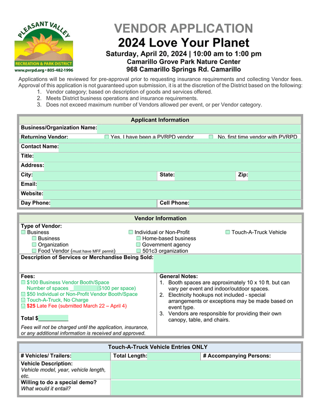 Vendor Application 2024 Love Your Planet Event screenshot