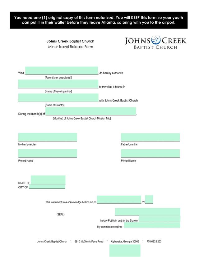 Minor Travel Release Form screenshot