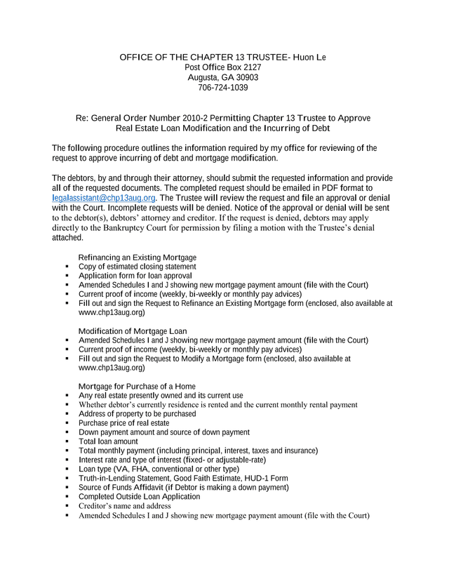 General Order Number 2010 2 Permitting Chapter 13 Trustee To Approve Real Estate Loan Modification A screenshot