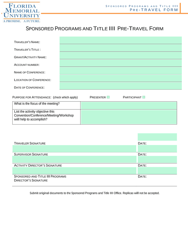 Sponsored Programs And Title III Pre Travel Form screenshot