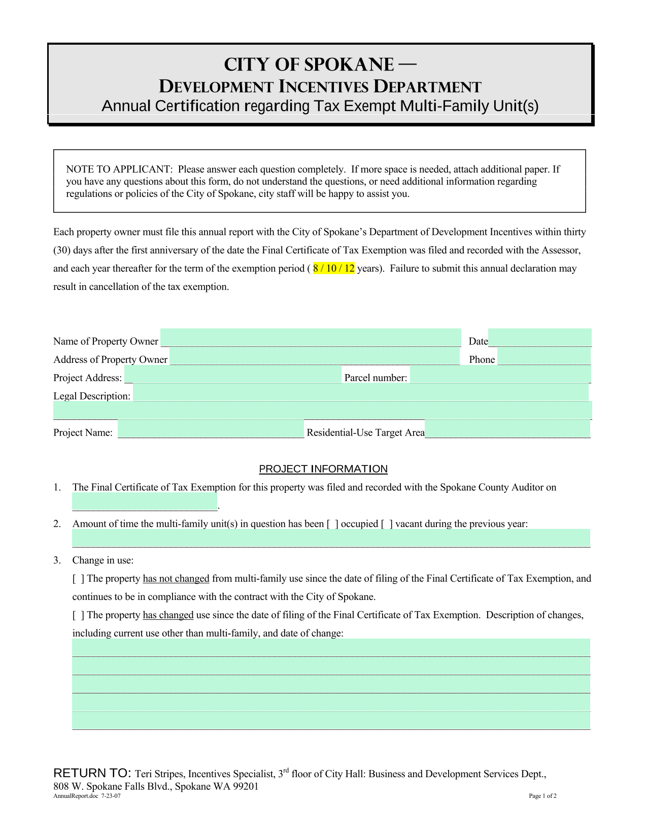 Annual Certification Regarding Tax Exempt Multi Family Unit(S) screenshot