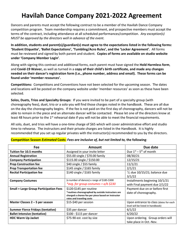 Havilah Dance Company 2021 2022 Agreement screenshot