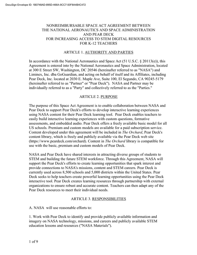 Nonreimbursable Space Act Agreement Between NASA And Pear Deck screenshot