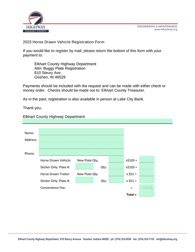 2023 Horse Drawn Vehicle Registration Form screenshot