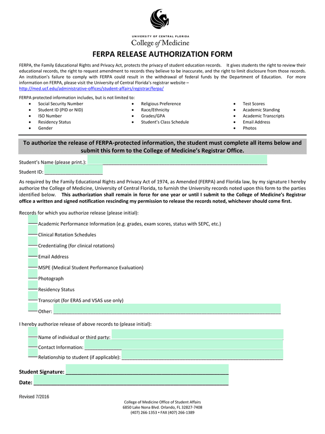 FERPA Release Authorization Form screenshot