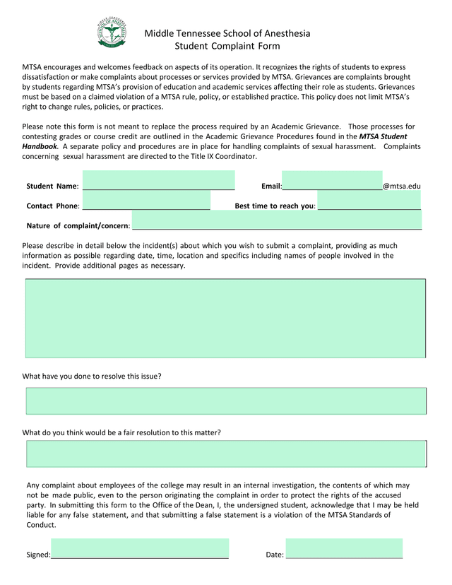 Middle Tennessee School Of Anesthesia Student Complaint Form screenshot