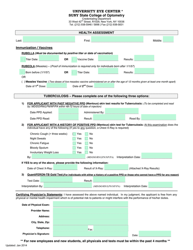 SUNY State College Of Optometry Health Assessment screenshot