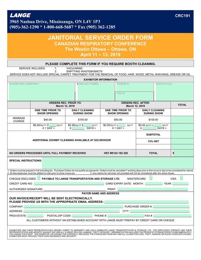 Booth Cleaning Service Order Form screenshot
