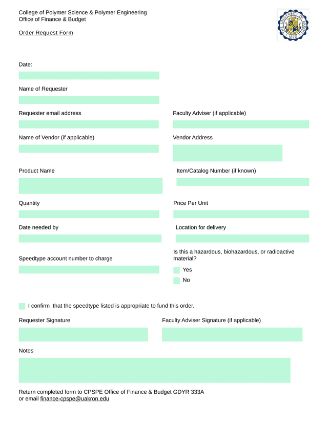 Order Request Form screenshot