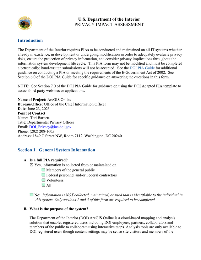 U.S. Department Of The Interior Privacy Impact Assessment ArcGIS Online screenshot