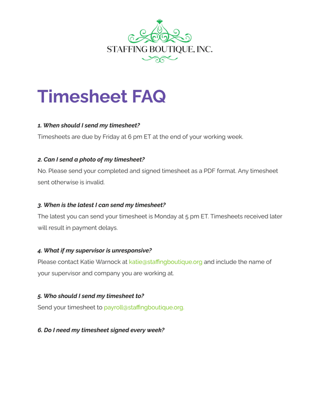 Timesheet FAQ screenshot