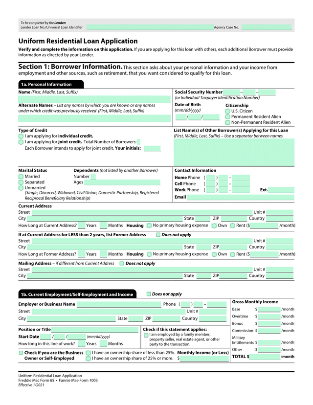 Uniform Residential Loan Application (Form 651003) screenshot
