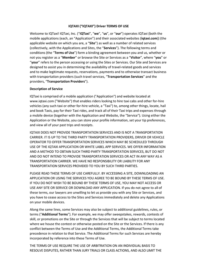 IQTAXI Driver Terms Of Use screenshot