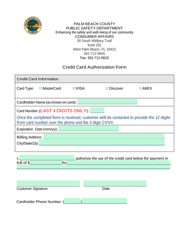 Credit Card Authorization Form screenshot