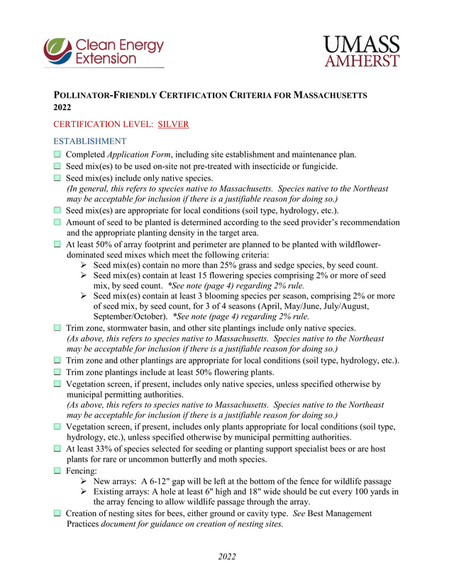 Pollinator Friendly Certification Criteria For Massachusetts screenshot